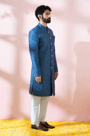 Shop_Arihant Rai Sinha_Blue Polyester, Viscose Geometric Pattern Sherwani And Pant _at_Aza_Fashions