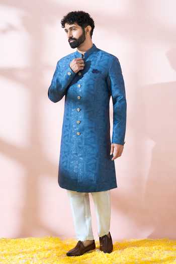 Arihant Rai Sinha_Blue Polyester, Viscose Geometric Pattern Sherwani And Pant 