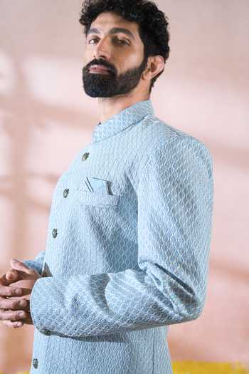 Shop_Arihant Rai Sinha_Blue Silk, Polyester, Viscose Embroidery, Geometric Sherwani And Pant Set _at_Aza_Fashions