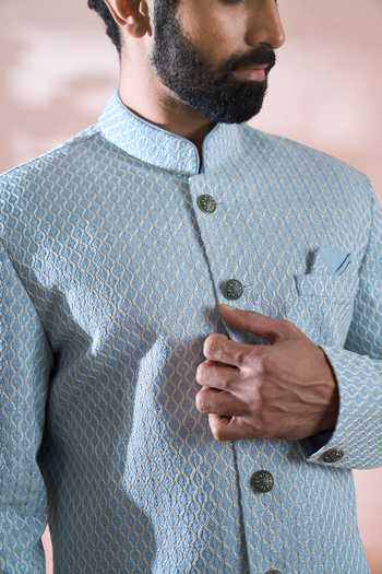 Arihant Rai Sinha_Blue Silk, Polyester, Viscose Embroidery, Geometric Sherwani And Pant Set 