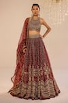 Buy_Cedar & Pine_Red Silk, Organza, Tulle Zari, Stones Halter Neck Bella Embroidered Lehenga Set _at_Aza_Fashions