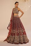 Cedar & Pine_Red Silk, Organza, Tulle Zari, Stones Halter Neck Bella Embroidered Lehenga Set _at_Aza_Fashions