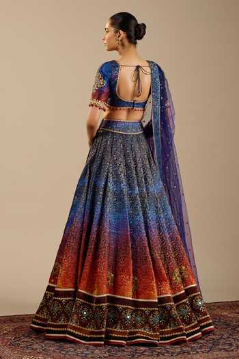 Shop_Cedar & Pine_Blue Brocade, Dupion, Tulle Zari, Stones, Tesoro Ombre Printed Lehenga Set _at_Aza_Fashions