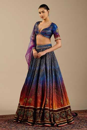 Cedar & Pine_Blue Brocade, Dupion, Tulle Zari, Stones, Tesoro Ombre Printed Lehenga Set _Online_at_Aza_Fashions