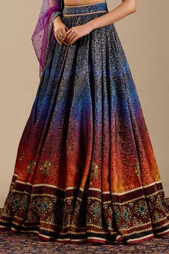 Buy_Cedar & Pine_Blue Brocade, Dupion, Tulle Zari, Stones, Tesoro Ombre Printed Lehenga Set _Online_at_Aza_Fashions
