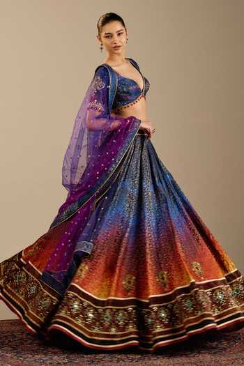 Shop_Cedar & Pine_Blue Brocade, Dupion, Tulle Zari, Stones, Tesoro Ombre Printed Lehenga Set _Online_at_Aza_Fashions