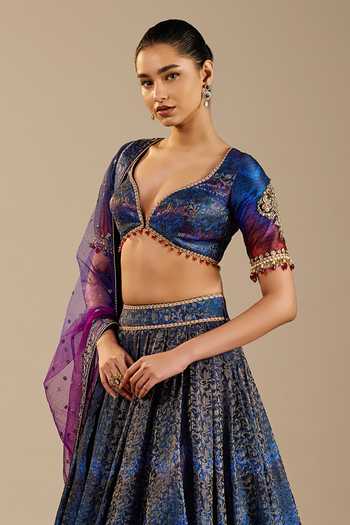 Buy_Cedar & Pine_Blue Brocade, Dupion, Tulle Zari, Stones, Tesoro Ombre Printed Lehenga Set 