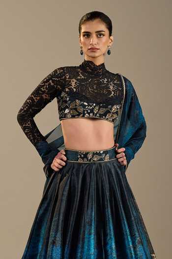 Cedar & Pine_Blue Dupion, Organza, Tulle Embroidery, Luca Ombre Floral Print Lehenga Set _Online_at_Aza_Fashions