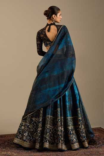 Shop_Cedar & Pine_Blue Dupion, Organza, Tulle Embroidery, Luca Ombre Floral Print Lehenga Set _at_Aza_Fashions