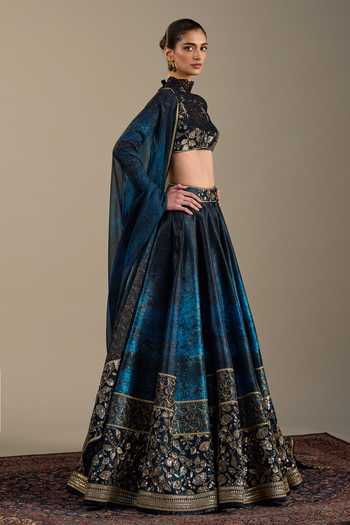 Buy_Cedar & Pine_Blue Dupion, Organza, Tulle Embroidery, Luca Ombre Floral Print Lehenga Set _Online_at_Aza_Fashions