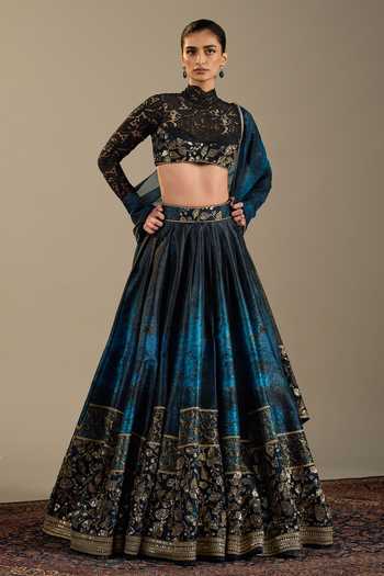 Buy_Cedar & Pine_Blue Dupion, Organza, Tulle Embroidery, Luca Ombre Floral Print Lehenga Set _at_Aza_Fashions