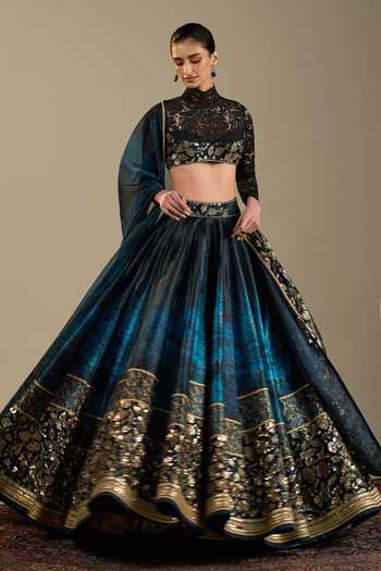 Shop_Cedar & Pine_Blue Dupion, Organza, Tulle Embroidery, Luca Ombre Floral Print Lehenga Set _Online_at_Aza_Fashions
