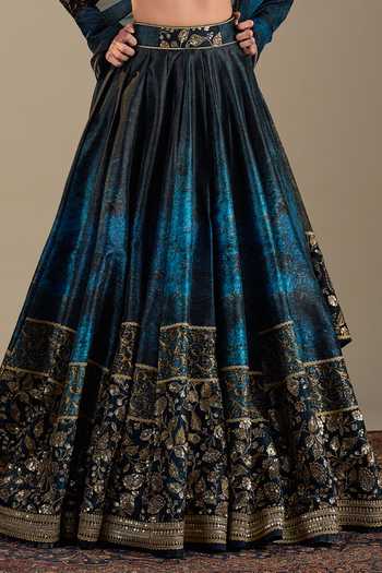 Cedar & Pine_Blue Dupion, Organza, Tulle Embroidery, Luca Ombre Floral Print Lehenga Set _at_Aza_Fashions