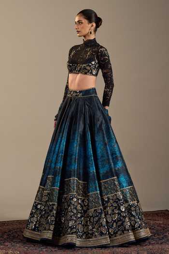 Buy_Cedar & Pine_Blue Dupion, Organza, Tulle Embroidery, Luca Ombre Floral Print Lehenga Set 