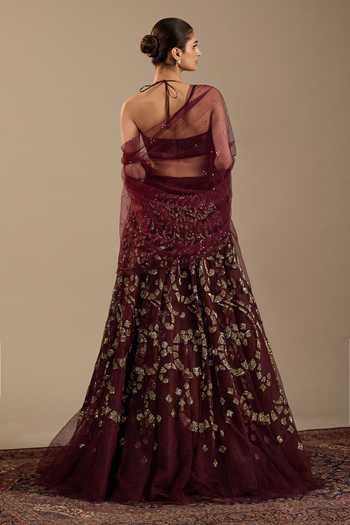 Shop_Cedar & Pine_Red Velvet, Tulle Embroidery, Sequins Halter Neck Veno Lehenga Set _at_Aza_Fashions