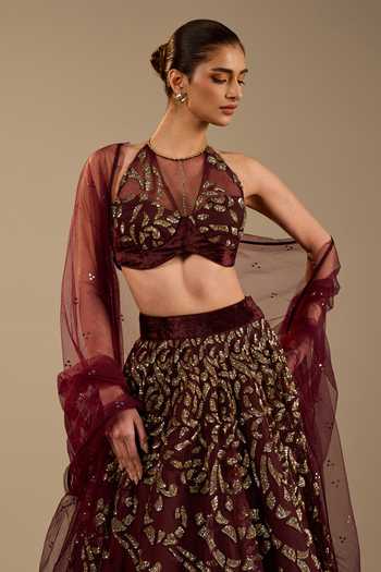 Cedar & Pine_Red Velvet, Tulle Embroidery, Sequins Halter Neck Veno Lehenga Set _Online_at_Aza_Fashions