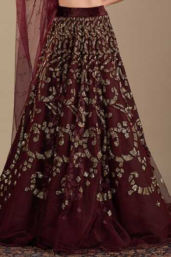 Buy_Cedar & Pine_Red Velvet, Tulle Embroidery, Sequins Halter Neck Veno Lehenga Set _Online_at_Aza_Fashions
