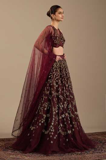 Cedar & Pine_Red Velvet, Tulle Embroidery, Sequins Halter Neck Veno Lehenga Set _at_Aza_Fashions