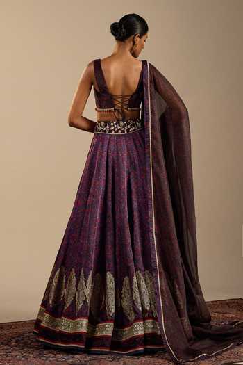 Shop_Cedar & Pine_Blue Satin, Velvet, Organza Zari, Embroidery V-neck Vittoria Printed Lehenga Set _at_Aza_Fashions
