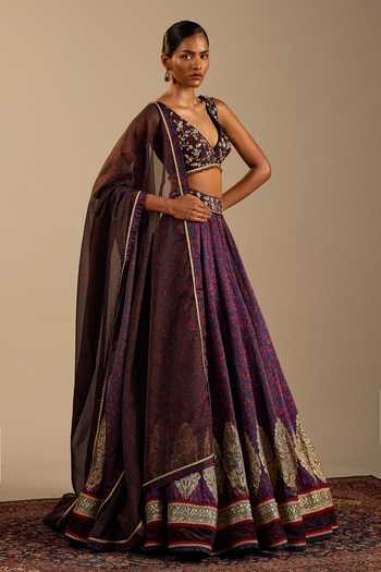 Buy_Cedar & Pine_Blue Satin, Velvet, Organza Zari, Embroidery V-neck Vittoria Printed Lehenga Set _Online_at_Aza_Fashions