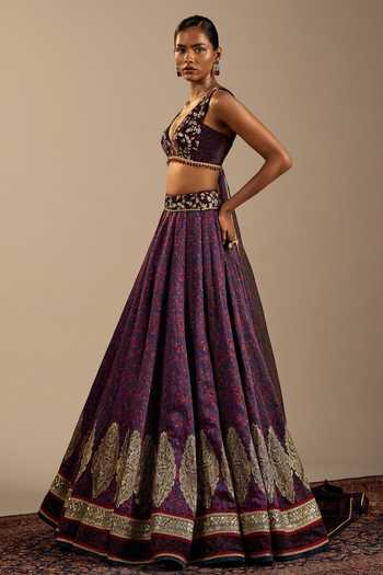 Cedar & Pine_Blue Satin, Velvet, Organza Zari, Embroidery V-neck Vittoria Printed Lehenga Set _at_Aza_Fashions