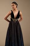 Cedar & Pine_Blue Organza, Velvet Embroidery Plunge Neck Roma Sleeveless Gown _Online_at_Aza_Fashions
