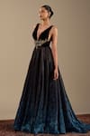Buy_Cedar & Pine_Blue Organza, Velvet Embroidery Plunge Neck Roma Sleeveless Gown _Online_at_Aza_Fashions