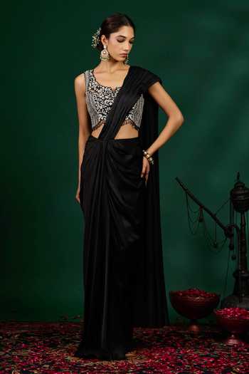 Buy_Omana By Ranjana Bothra_Black Organza, Satin Beads, Tassels V-neck Ashley Draped Saree With Blouse _at_Aza_Fashions