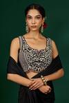 Omana By Ranjana Bothra_Black Organza, Satin Beads, Tassels V-neck Ashley Draped Saree With Blouse _at_Aza_Fashions