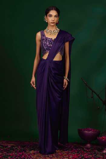 Buy_Omana By Ranjana Bothra_Purple Organza, Satin Embroidery, Beads, Ashley Draped Saree With Blouse _at_Aza_Fashions
