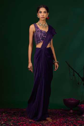 Buy_Omana By Ranjana Bothra_Purple Organza, Satin Embroidery, Beads, Ashley Draped Saree With Blouse _Online_at_Aza_Fashions