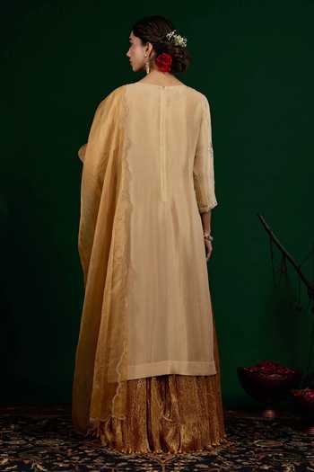 Shop_Omana By Ranjana Bothra_Gold Tissue, Silk, Shantoon, Organza Zari, Chand Embroidered Kurta And Dress Set _at_Aza_Fashions