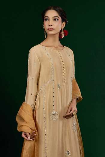 Omana By Ranjana Bothra_Gold Tissue, Silk, Shantoon, Organza Zari, Chand Embroidered Kurta And Dress Set _Online_at_Aza_Fashions