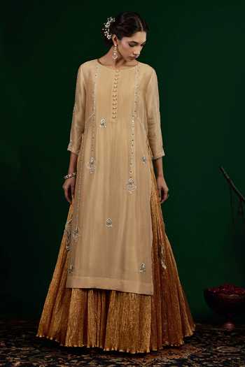 Shop_Omana By Ranjana Bothra_Gold Tissue, Silk, Shantoon, Organza Zari, Chand Embroidered Kurta And Dress Set _Online_at_Aza_Fashions