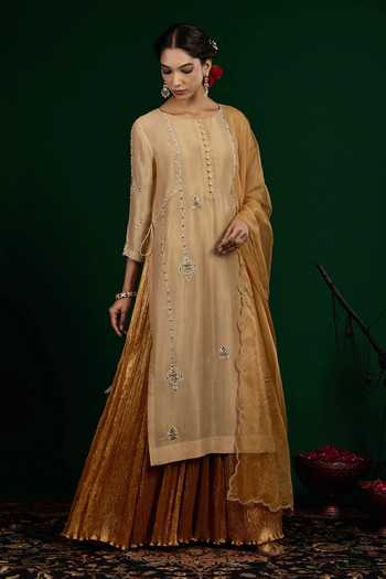 Omana By Ranjana Bothra_Gold Tissue, Silk, Shantoon, Organza Zari, Chand Embroidered Kurta And Dress Set _at_Aza_Fashions