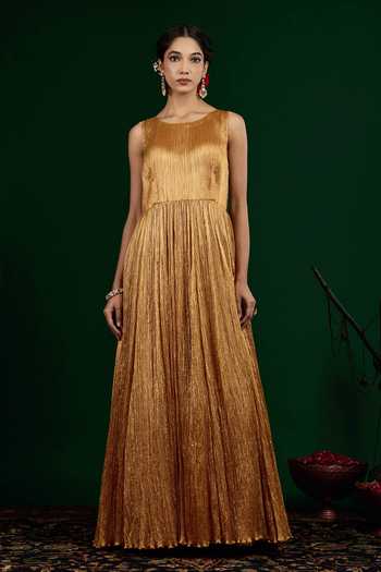 Buy_Omana By Ranjana Bothra_Gold Tissue, Silk, Shantoon, Organza Zari, Chand Embroidered Kurta And Dress Set 