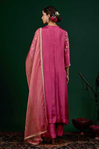 Shop_Omana By Ranjana Bothra_Magenta Silk, Shantoon, Organza Embroidery, Zari, Mirrors Gulnaar Kurta Set _at_Aza_Fashions