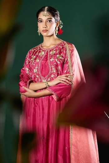 Buy_Omana By Ranjana Bothra_Magenta Silk, Shantoon, Organza Embroidery, Zari, Mirrors Gulnaar Kurta Set _Online_at_Aza_Fashions
