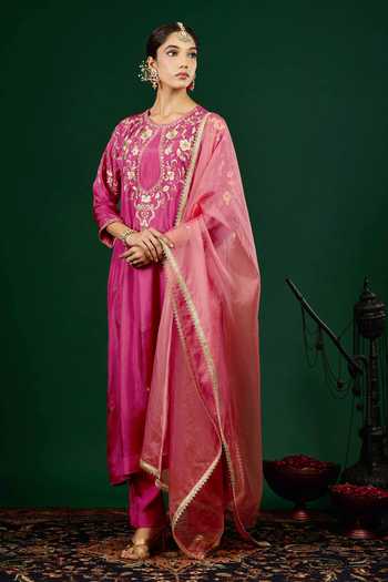 Shop_Omana By Ranjana Bothra_Magenta Silk, Shantoon, Organza Embroidery, Zari, Mirrors Gulnaar Kurta Set _Online_at_Aza_Fashions