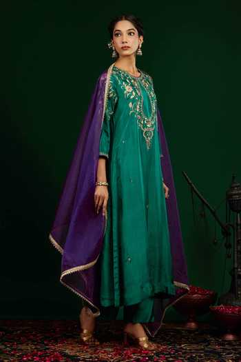 Buy_Omana By Ranjana Bothra_Green Silk, Shantoon, Organza Embroidery, Zari, Mirrors Gulnaar Kurta Set _Online_at_Aza_Fashions