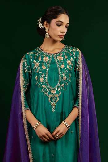 Shop_Omana By Ranjana Bothra_Green Silk, Shantoon, Organza Embroidery, Zari, Mirrors Gulnaar Kurta Set _Online_at_Aza_Fashions