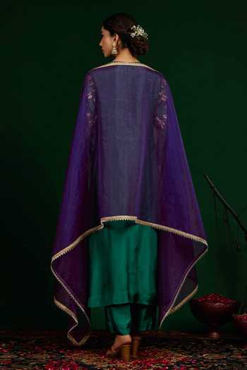Shop_Omana By Ranjana Bothra_Green Silk, Shantoon, Organza Embroidery, Zari, Mirrors Gulnaar Kurta Set _at_Aza_Fashions