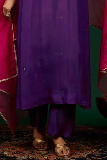 Omana By Ranjana Bothra_Purple Silk, Organza Embroidery, Zari, Mirrors, Lace Keyhole Gulnaar Kurta Set _Online_at_Aza_Fashions