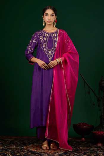 Shop_Omana By Ranjana Bothra_Purple Silk, Organza Embroidery, Zari, Mirrors, Lace Keyhole Gulnaar Kurta Set _at_Aza_Fashions