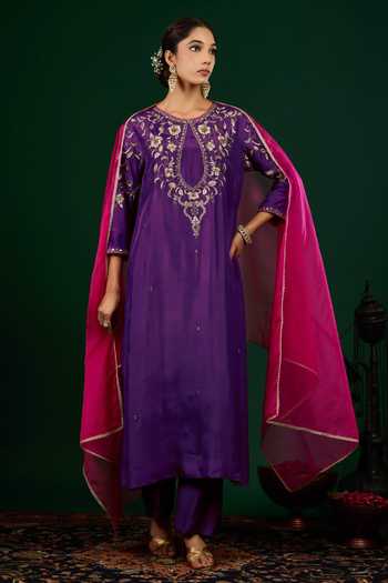 Buy_Omana By Ranjana Bothra_Purple Silk, Organza Embroidery, Zari, Mirrors, Lace Keyhole Gulnaar Kurta Set _Online_at_Aza_Fashions