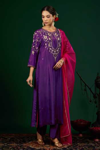 Shop_Omana By Ranjana Bothra_Purple Silk, Organza Embroidery, Zari, Mirrors, Lace Keyhole Gulnaar Kurta Set _Online_at_Aza_Fashions