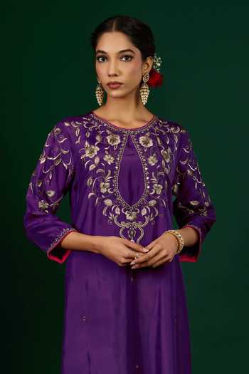 Omana By Ranjana Bothra_Purple Silk, Organza Embroidery, Zari, Mirrors, Lace Keyhole Gulnaar Kurta Set _at_Aza_Fashions