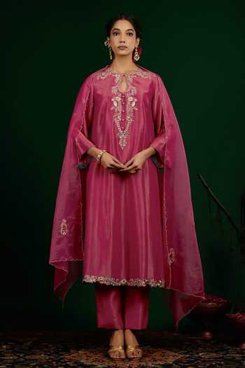 Omana By Ranjana Bothra_Pink Linen, Tissue, Shantoon, Organza Embroidery, Zari, Taraani Kurta Set _Online_at_Aza_Fashions