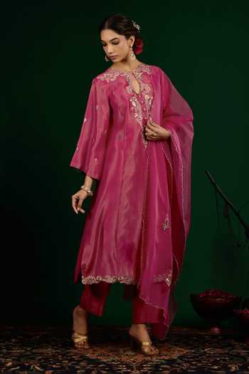 Buy_Omana By Ranjana Bothra_Pink Linen, Tissue, Shantoon, Organza Embroidery, Zari, Taraani Kurta Set _Online_at_Aza_Fashions