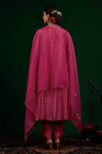 Shop_Omana By Ranjana Bothra_Pink Linen, Tissue, Shantoon, Organza Embroidery, Zari, Taraani Kurta Set _at_Aza_Fashions